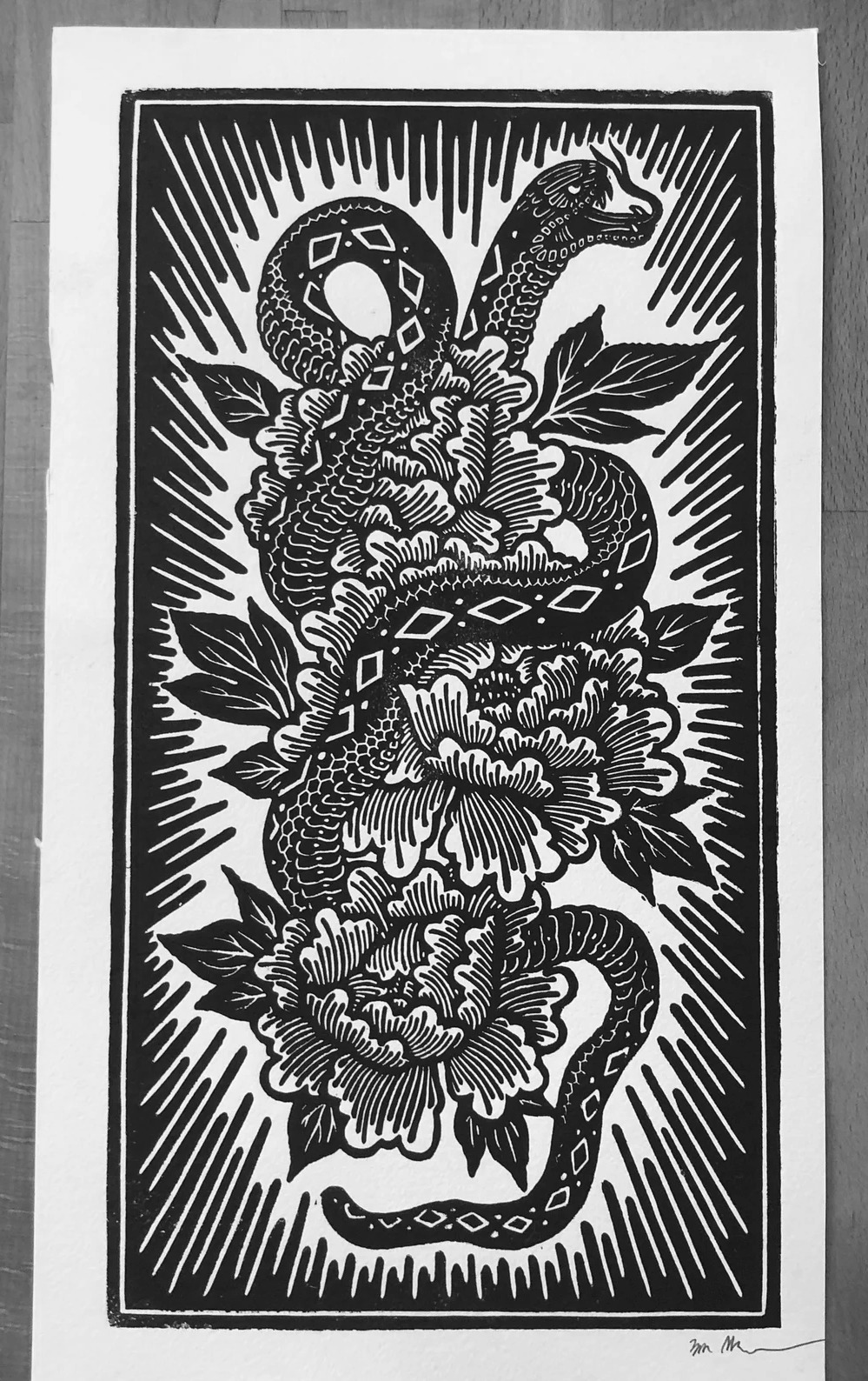 Snake and peonies